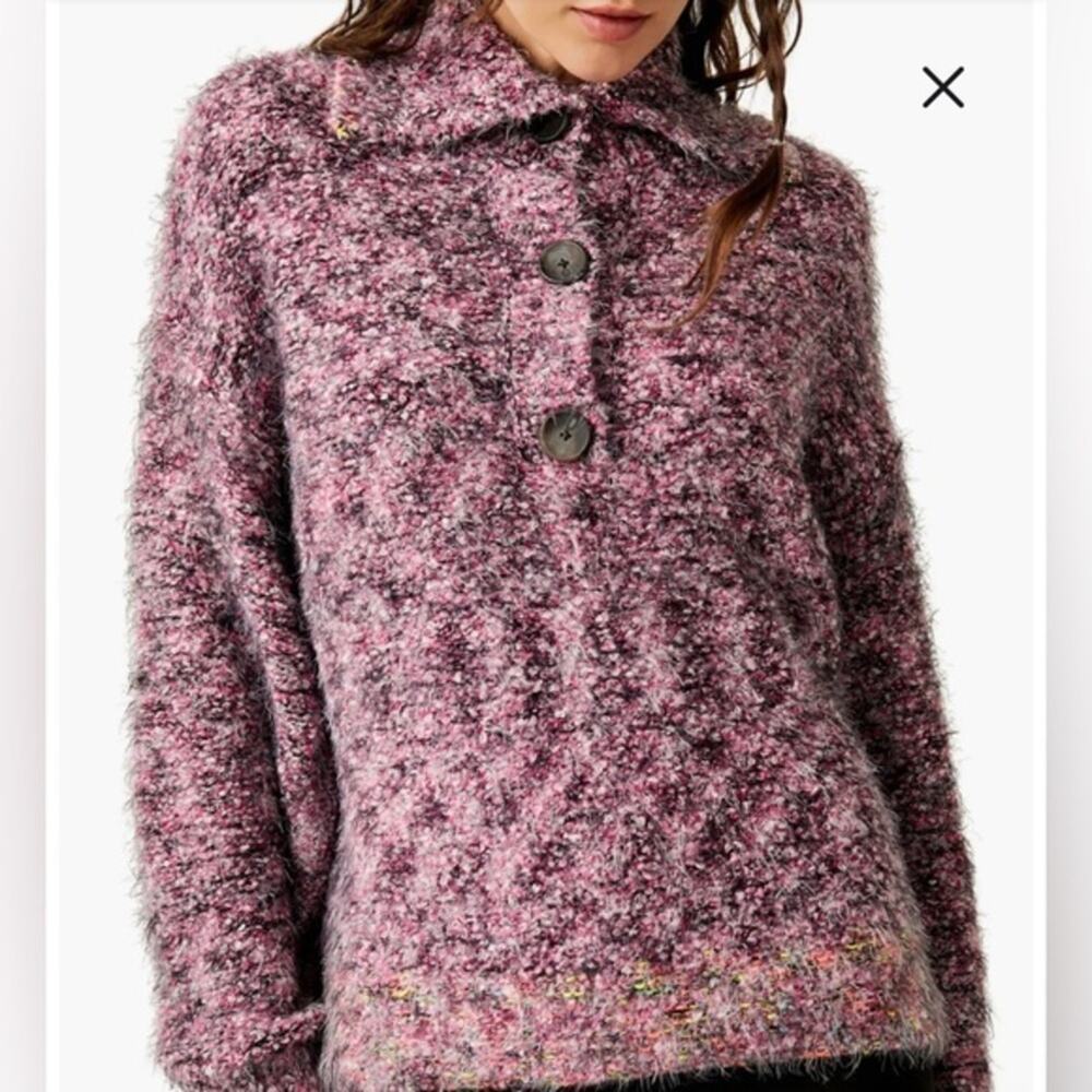 Free People Stellar Knit Pullover Sweater Pink Boucle Collared Button Size Large
